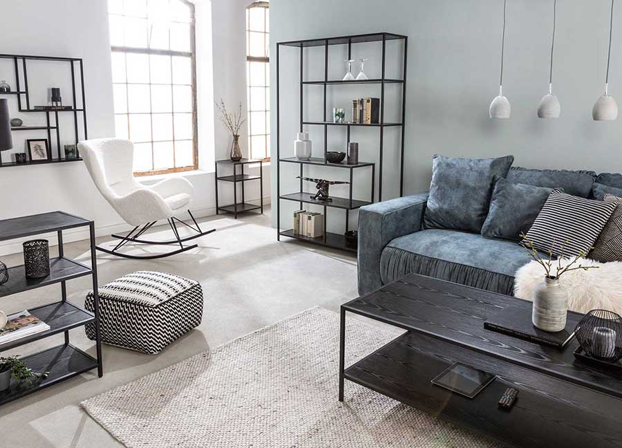meuble de salon moderne en bois de frêne foncé et métal noir